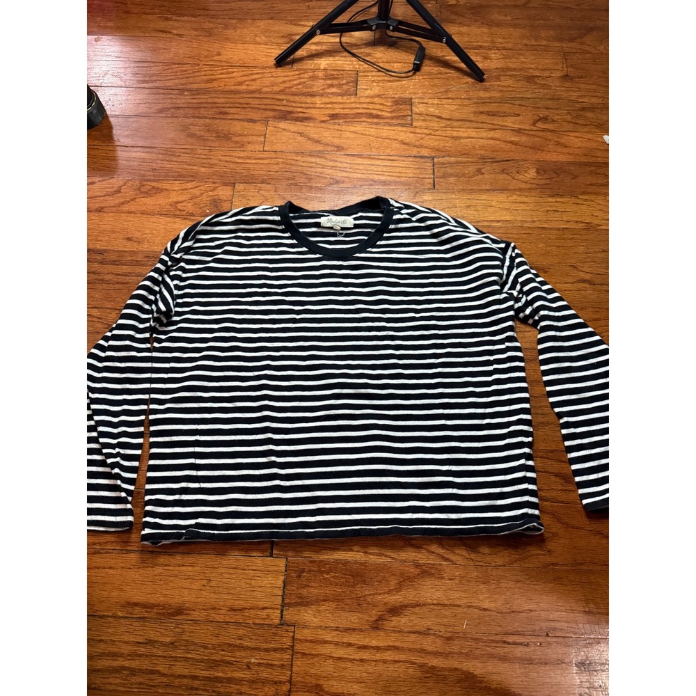 Madewell Womens Medium Black White Striped Long Sleeve Crew Neck Relaxed Tee